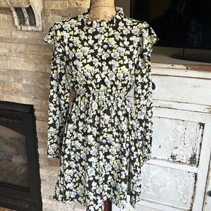 JODIFL black long sleeve mini dress yellow and gray flowers ruffle shoulder